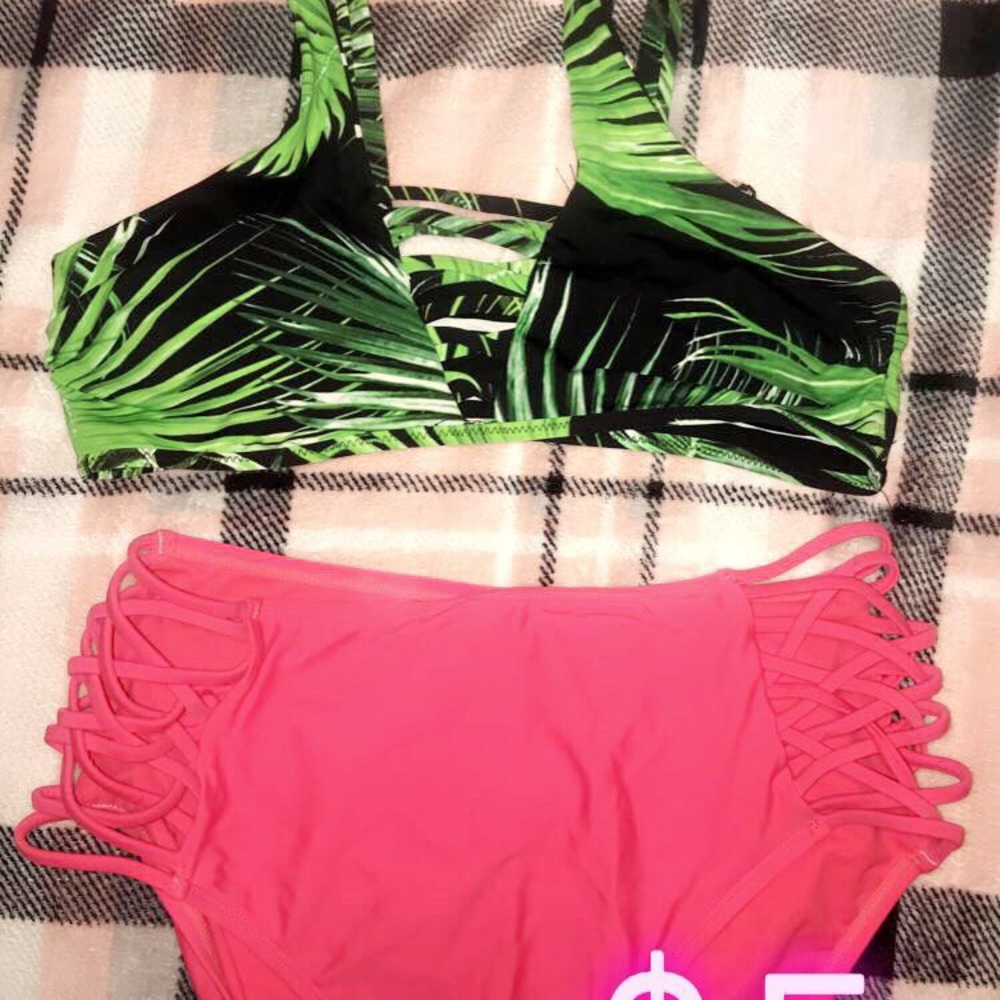 Two piece bathing suit. Top is reversible